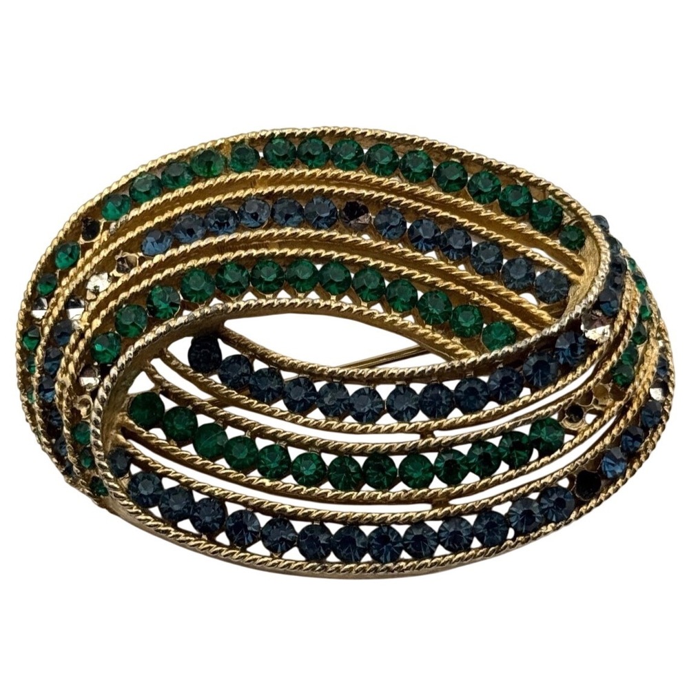 Vintage Trifari Gold Tone Blue and Green Rhinestone Brooch AS IS For Repair